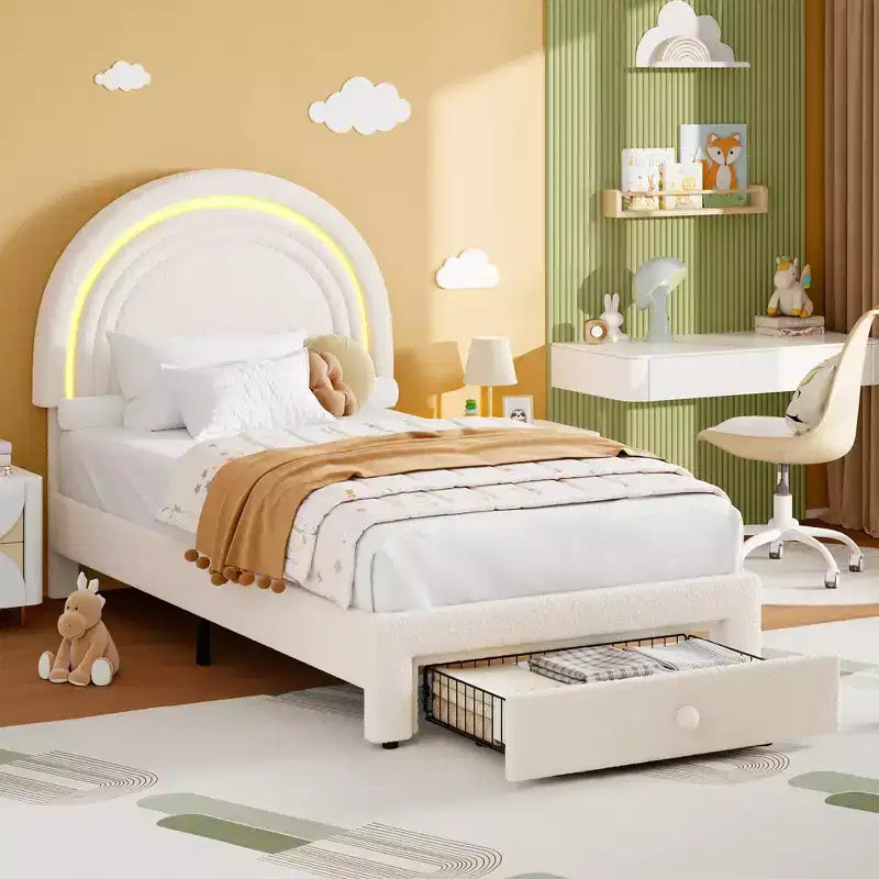 Twin Upholstered LED Bed Frame - with Storage Drawer and Rainbow Headboard, Berber Fleece Princess Platform Bed for Kids, Solid Wood Slats Support