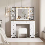 Makeup Vanity and Stool, Vanity Desk with Lights, White Vanity Table with Charging Station, 6 Drawers and Cabinets