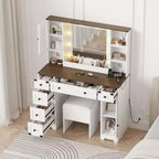 Coiffeuse et tabouret, Coiffeuse avec lumières, Table de maquillage blanche avec station de recharge, 6 tiroirs et placards