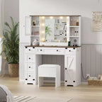 Coiffeuse et tabouret, Coiffeuse avec lumières, Table de maquillage blanche avec station de recharge, 6 tiroirs et placards