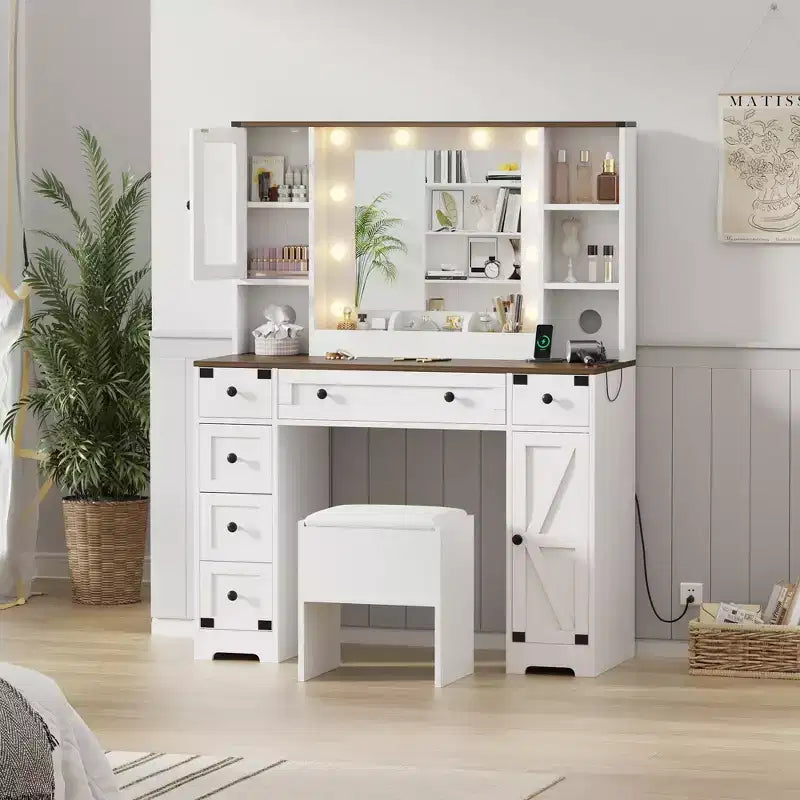 Coiffeuse et tabouret, Coiffeuse avec lumières, Table de maquillage blanche avec station de recharge, 6 tiroirs et placards