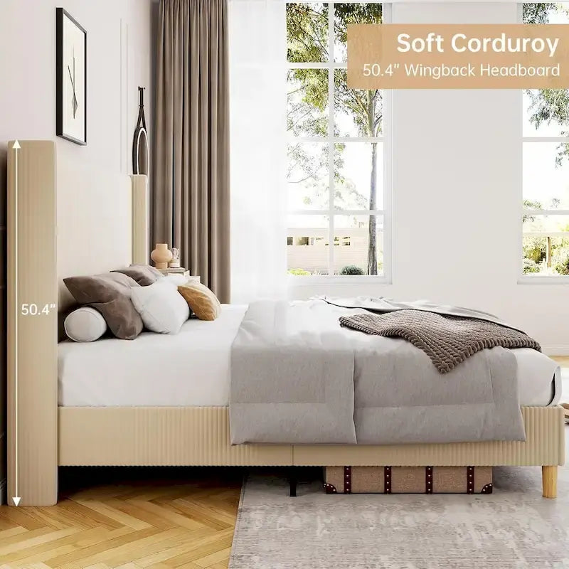 Lit plateforme en velours côtelé avec tête de lit capitonnée à oreilles de 130 cm – Aucun sommier tapissier requis