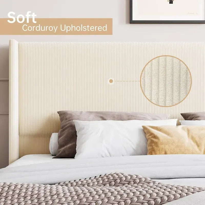 Lit plateforme en velours côtelé avec tête de lit capitonnée à oreilles de 130 cm – Aucun sommier tapissier requis