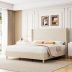 Lit plateforme en velours côtelé avec tête de lit capitonnée à oreilles de 130 cm – Aucun sommier tapissier requis