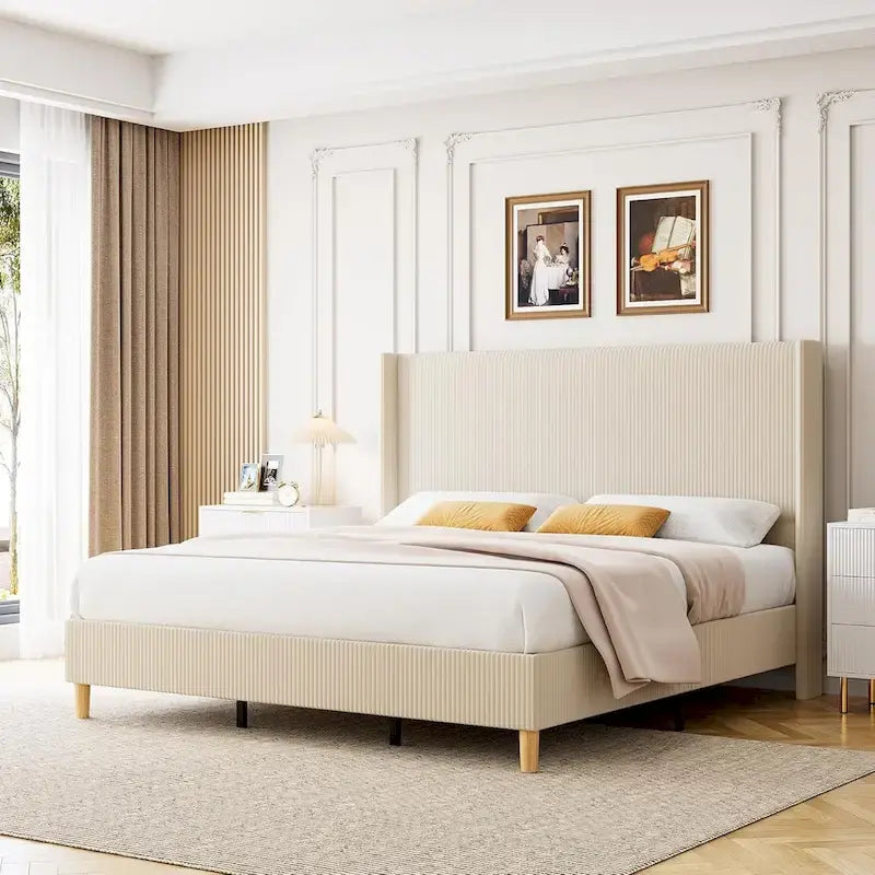 Lit plateforme en velours côtelé avec tête de lit capitonnée à oreilles de 130 cm – Aucun sommier tapissier requis
