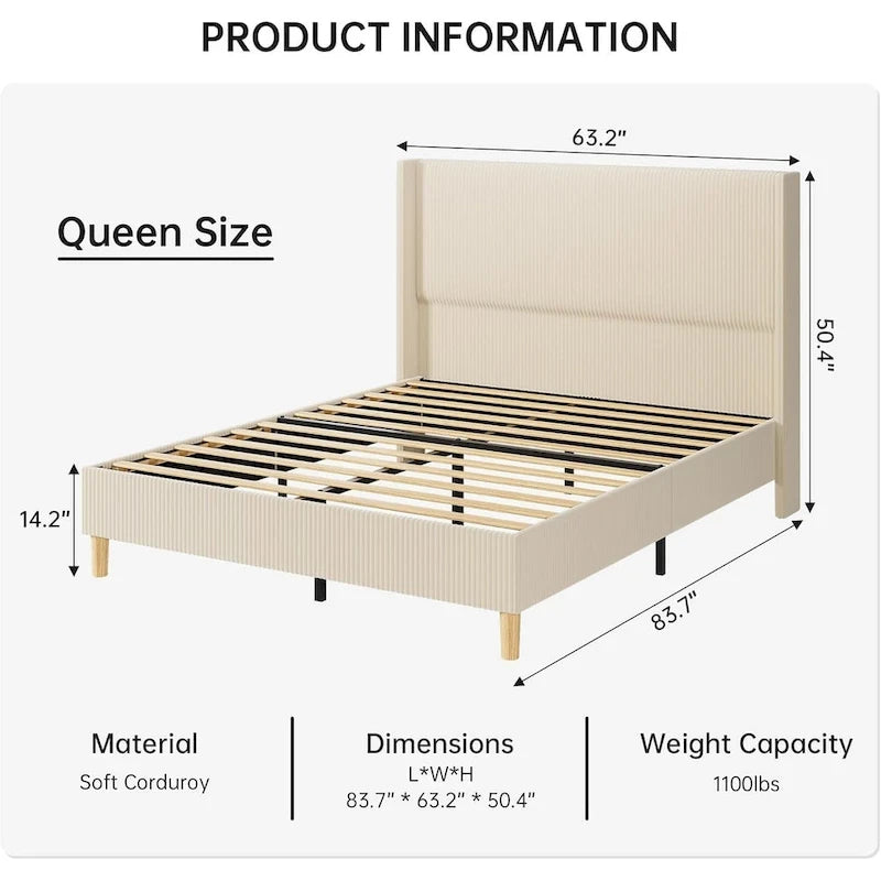 Lit plateforme en velours côtelé avec tête de lit capitonnée à oreilles de 130 cm – Aucun sommier tapissier requis