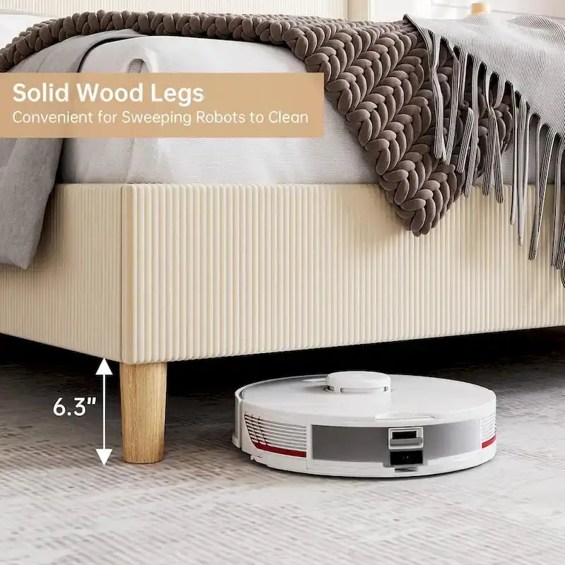 Lit plateforme en velours côtelé avec tête de lit capitonnée à oreilles de 130 cm – Aucun sommier tapissier requis