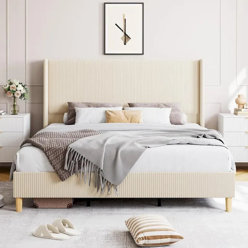 Lit plateforme en velours côtelé avec tête de lit capitonnée à oreilles de 130 cm – Aucun sommier tapissier requis