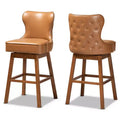 2pc Gradisca Tan Wood Swivel Barstool Set Brown - Baxton Studio: Upholstered, Nailhead Trim, Rectangle Shape