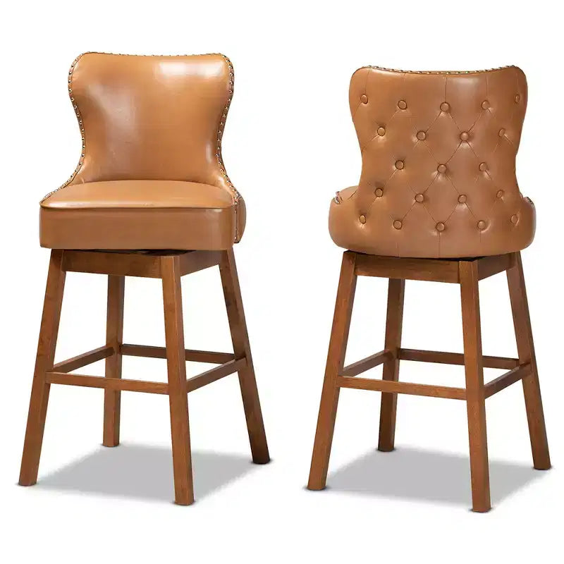 Lot de 2 tabourets de bar pivotants en bois tan Gradisca marron - Baxton Studio : rembourrés, garniture cloutée, forme rectangulaire