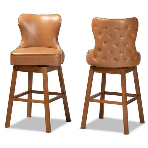 Lot de 2 tabourets de bar pivotants en bois tan Gradisca marron - Baxton Studio : rembourrés, garniture cloutée, forme rectangulaire