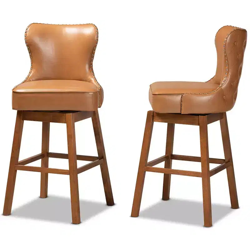 Lot de 2 tabourets de bar pivotants en bois tan Gradisca marron - Baxton Studio : rembourrés, garniture cloutée, forme rectangulaire