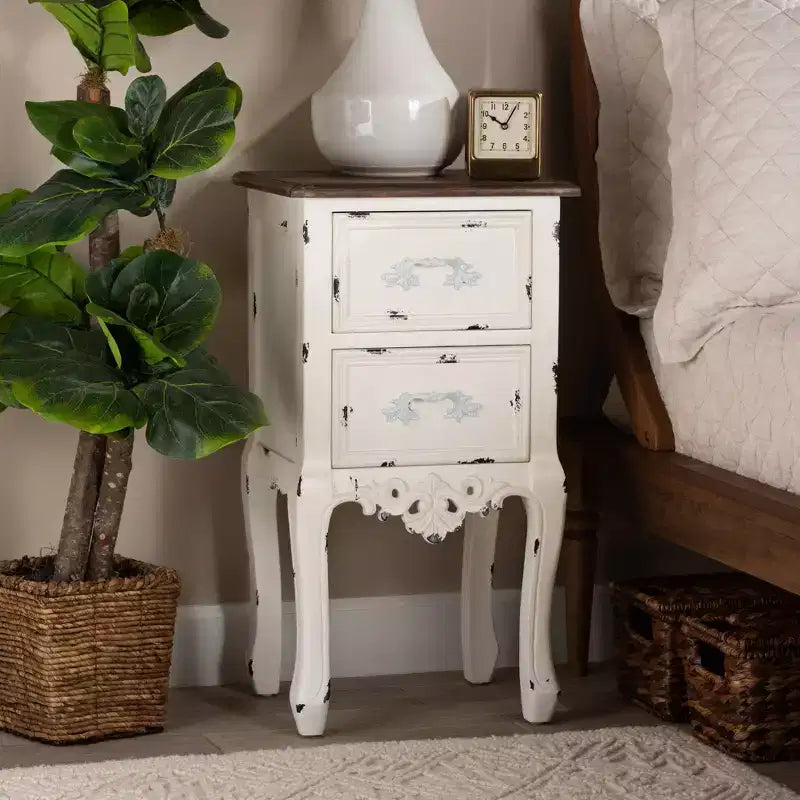 Table de chevet à 2 tiroirs Levron deux tons et bois antique noyer brun/blanc antique - Baxton Studio : Table de rangement de chevet