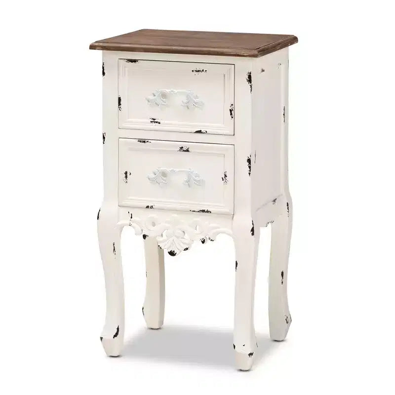 Table de chevet à 2 tiroirs Levron deux tons et bois antique noyer brun/blanc antique - Baxton Studio : Table de rangement de chevet