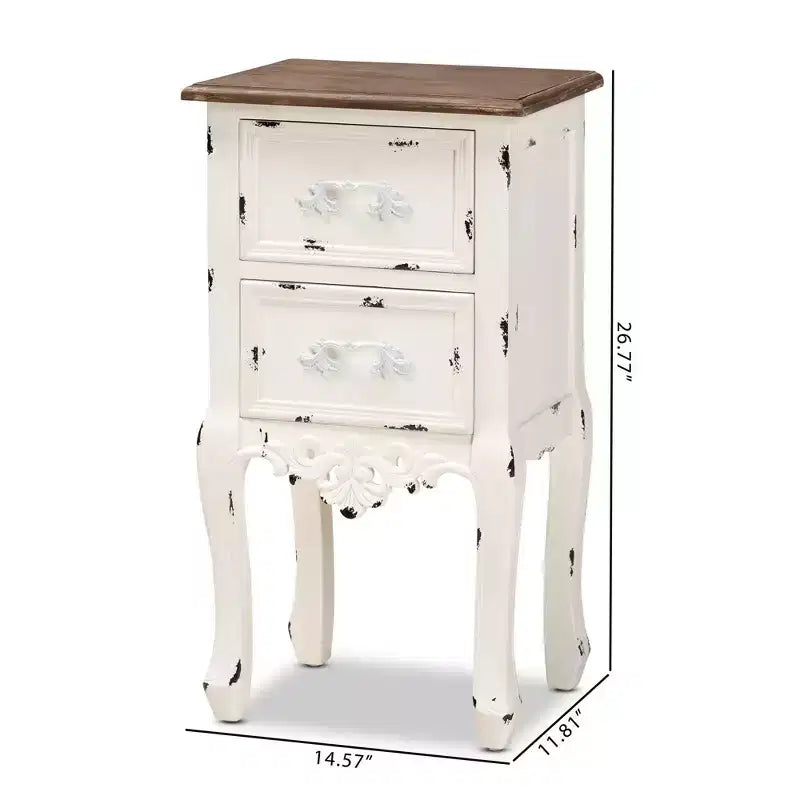 Table de chevet à 2 tiroirs Levron deux tons et bois antique noyer brun/blanc antique - Baxton Studio : Table de rangement de chevet