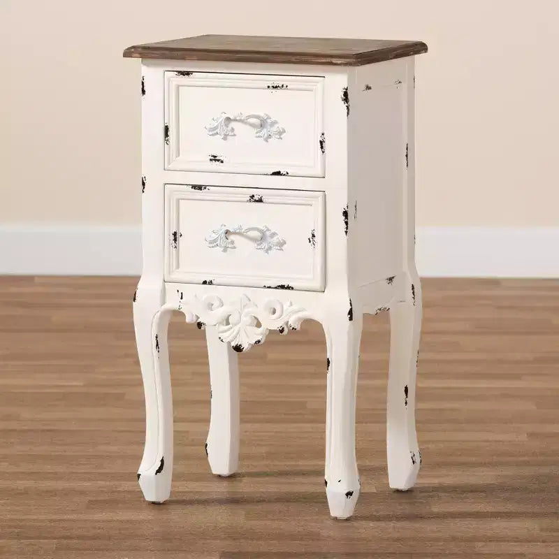 Table de chevet à 2 tiroirs Levron deux tons et bois antique noyer brun/blanc antique - Baxton Studio : Table de rangement de chevet