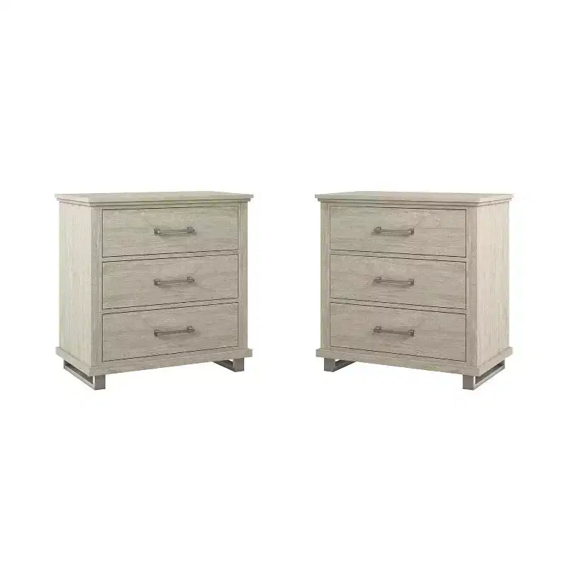 Set of 2 32'' Night Stand Beige - Accent Furniture: Modern Design, 3 Drawers, Metal Legs
