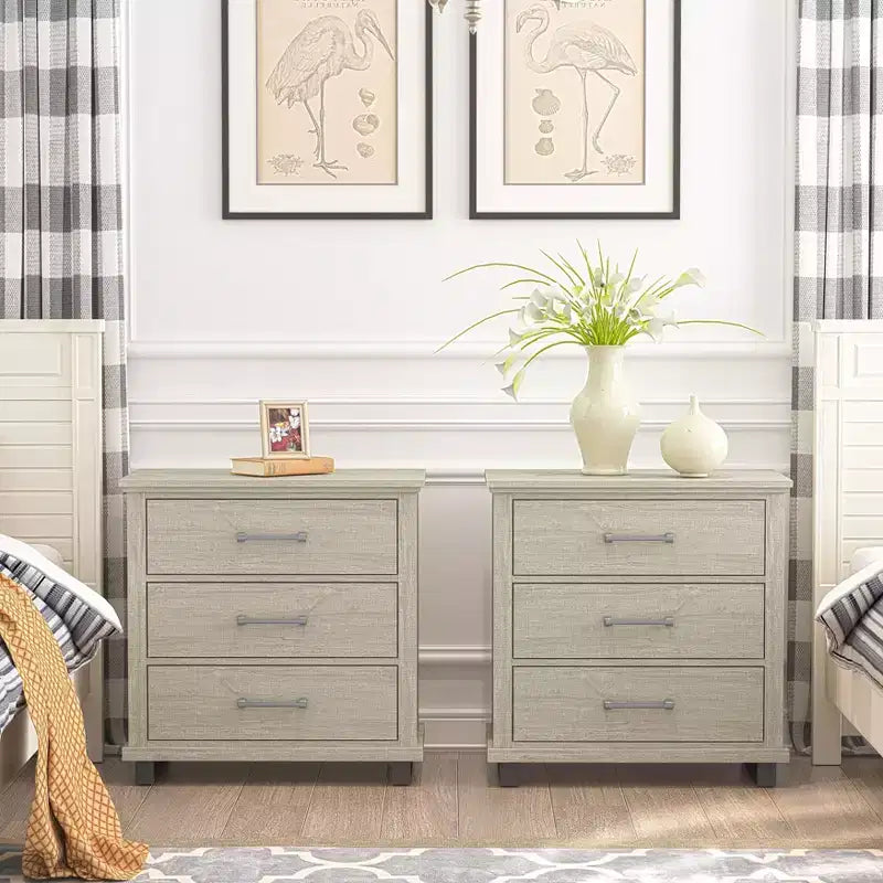 Lot de 2 tables de chevet beiges de 81 cm - Meuble d'appoint : Design moderne, 3 tiroirs, pieds en métal