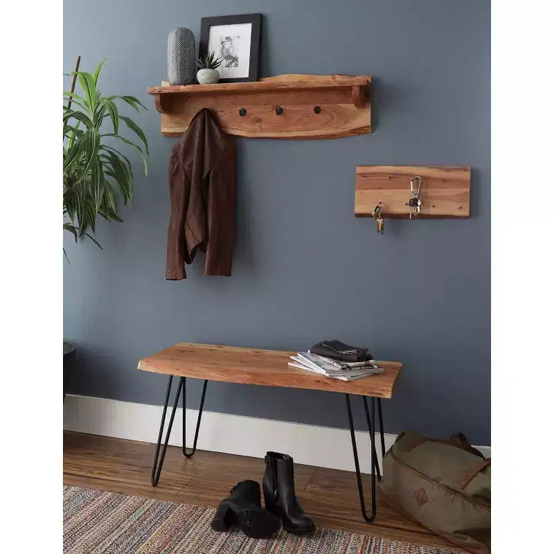 Banc de rangement en bois à bord droit avec pieds en épingle à cheveux de 91 cm et étagère murale avec patères en bois naturel - Alaterre Furniture