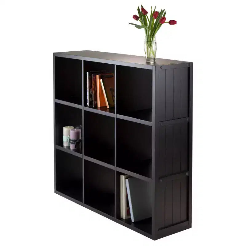 Étagère Timothy Winsome de 101,6 cm à 3x3 cases noires : Bibliothèque moderne du milieu du siècle, tablettes fixes, bois composite