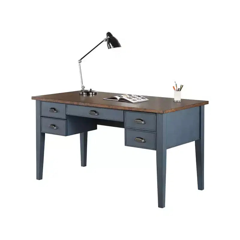 Bureau de direction Martin Furniture Farmhouse avec demi-piédestal bleu : Collection moderne Fairmont, pieds fuselés, quincaillerie métallique