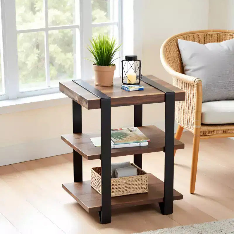 Table d'appoint 2 étagères Modesto 20" en bois massif et métal - Meubles Alaterre : Design industriel et rustique