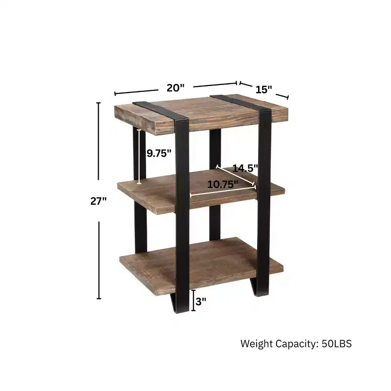 Table d'appoint 2 étagères Modesto 20" en bois massif et métal - Meubles Alaterre : Design industriel et rustique