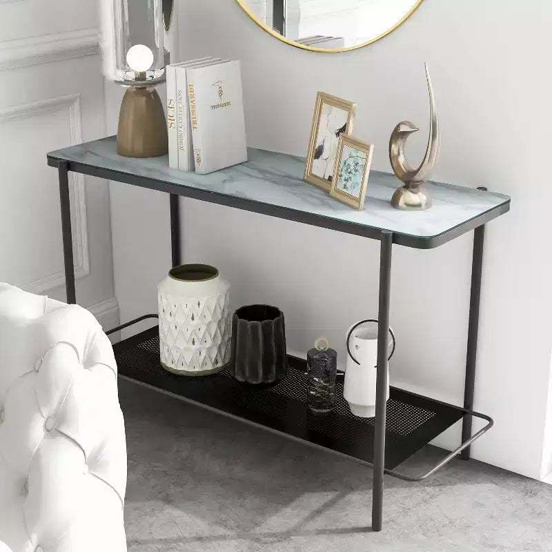 Table de salon contemporaine Avalan avec plateau en verre et revêtement noir/blanc - miBasics