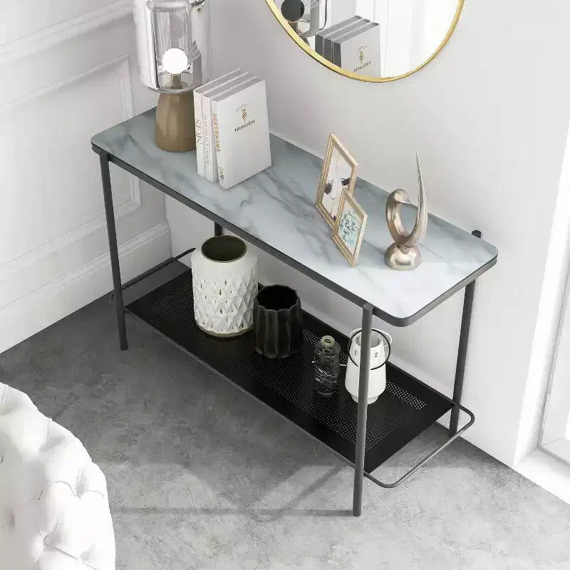 Table de salon contemporaine Avalan avec plateau en verre et revêtement noir/blanc - miBasics