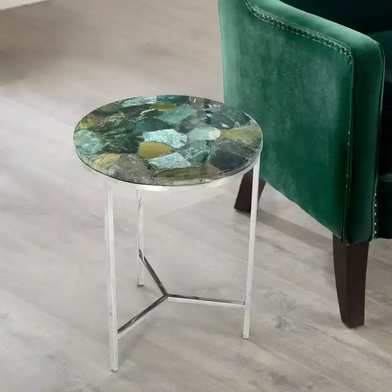 Table d'appoint ronde Foster Agate Top Émeraude - Steve Silver Co. : Piétement chromé, Pierre aux tons apaisants, Luxe moderne