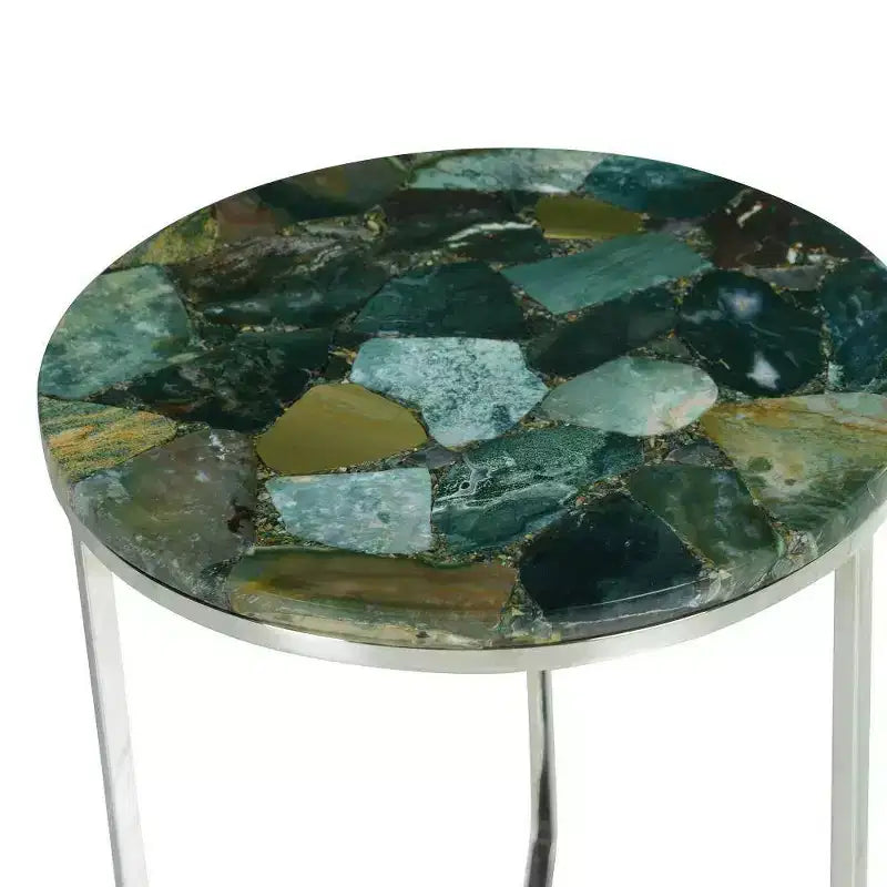 Table d'appoint ronde Foster Agate Top Émeraude - Steve Silver Co. : Piétement chromé, Pierre aux tons apaisants, Luxe moderne