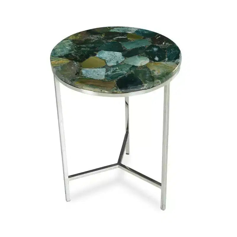 Table d'appoint ronde Foster Agate Top Émeraude - Steve Silver Co. : Piétement chromé, Pierre aux tons apaisants, Luxe moderne