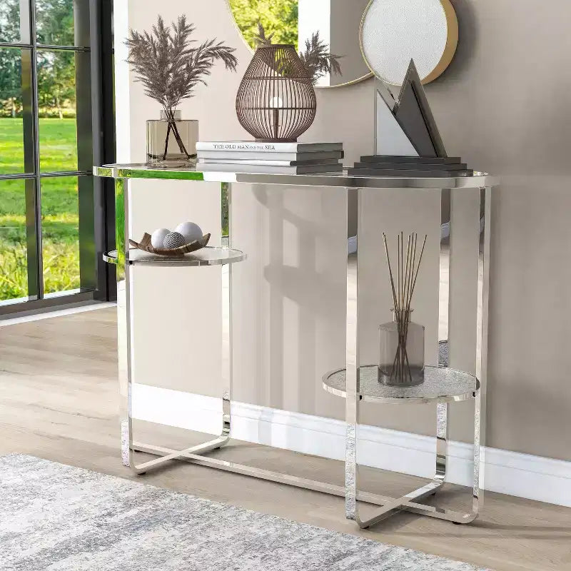 Table console Calloun Glam à 2 étagères chromée - HOMES: Inside + Out: Ovale, Verre trempé, Cadre métallique
