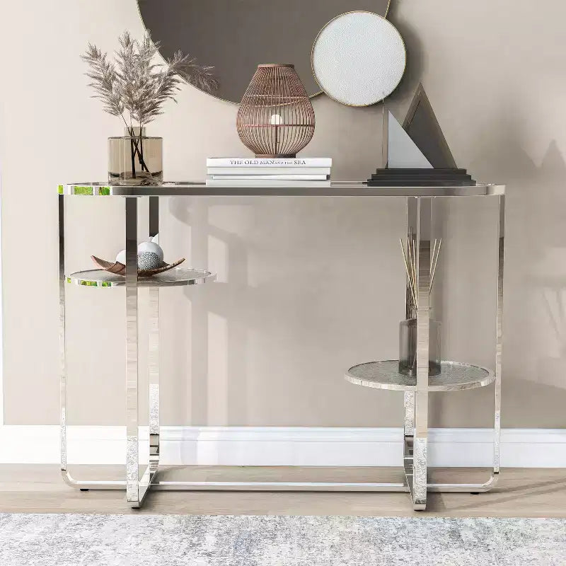 Table console Calloun Glam à 2 étagères chromée - HOMES: Inside + Out: Ovale, Verre trempé, Cadre métallique