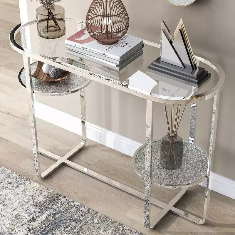Table console Calloun Glam à 2 étagères chromée - HOMES: Inside + Out: Ovale, Verre trempé, Cadre métallique
