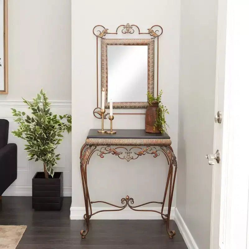 Ensemble de 2 Consoles en Fer Traditionnelles avec Miroir Bronze - Olivia & May : Mobilier d'Entrée Élégant, Fixation Murale