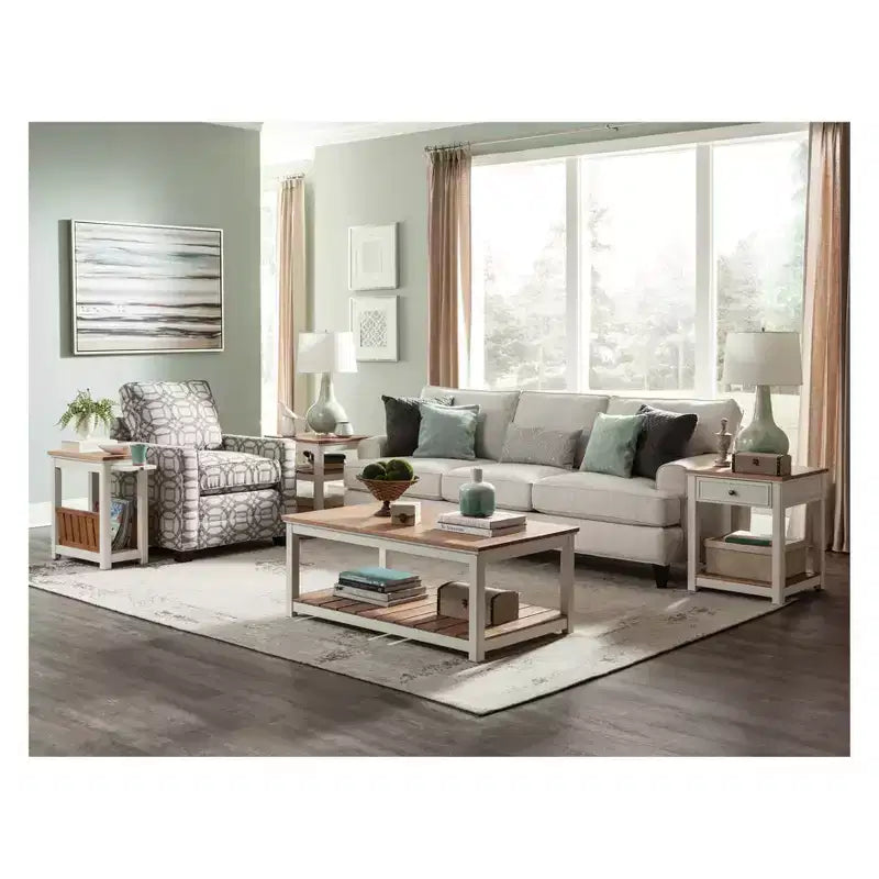 Table d'appoint de magazine Savannah avec étagère coulissante Ivoire avec plateau en bois naturel - Alaterre Furniture
