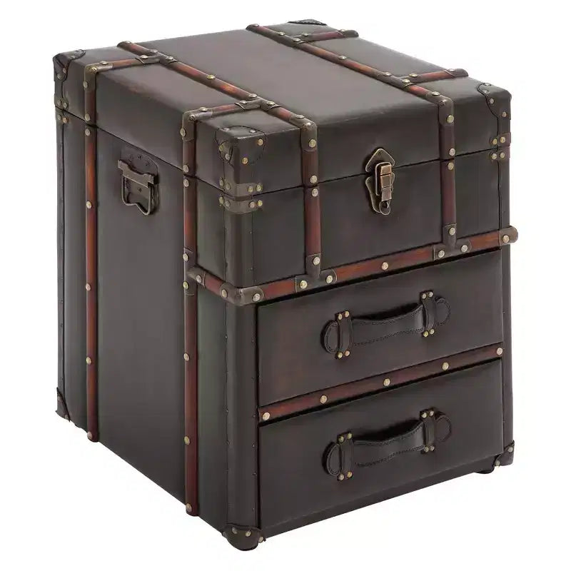 Table d'appoint en bois et similicuir marron expresso - Olivia & May : aucun assemblage requis, 2 tiroirs, utilisation intérieure