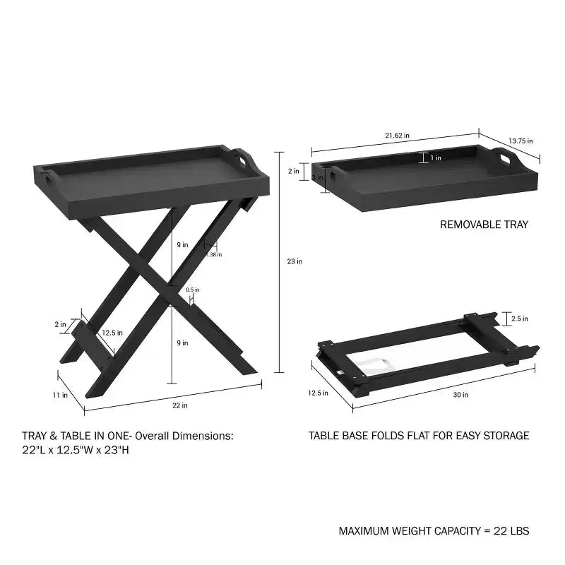 Table d'appoint avec plateau amovible Noir - Lavish Home : Pliable, Portable, Capacité de 10 kg, Style Moderne