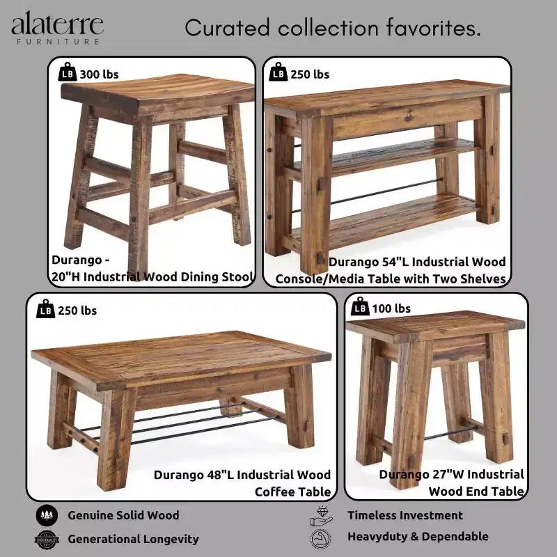 Table basse industrielle Durango en bois brun foncé Alaterre Furniture : Acacia rustique et acier, étagère fixe