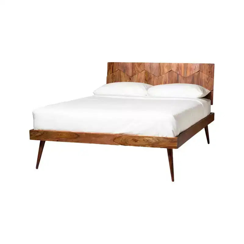 Lit Queen Armand marron - Alder Bay : Style Mid-century, design plateforme, tête de lit en bois, sommier tapissier non requis