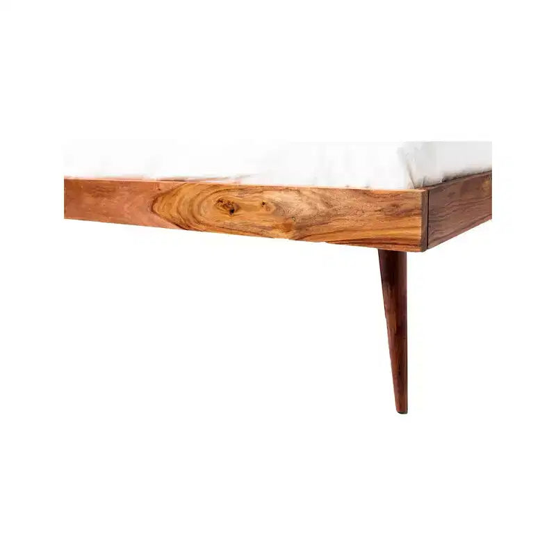 Lit Queen Armand marron - Alder Bay : Style Mid-century, design plateforme, tête de lit en bois, sommier tapissier non requis
