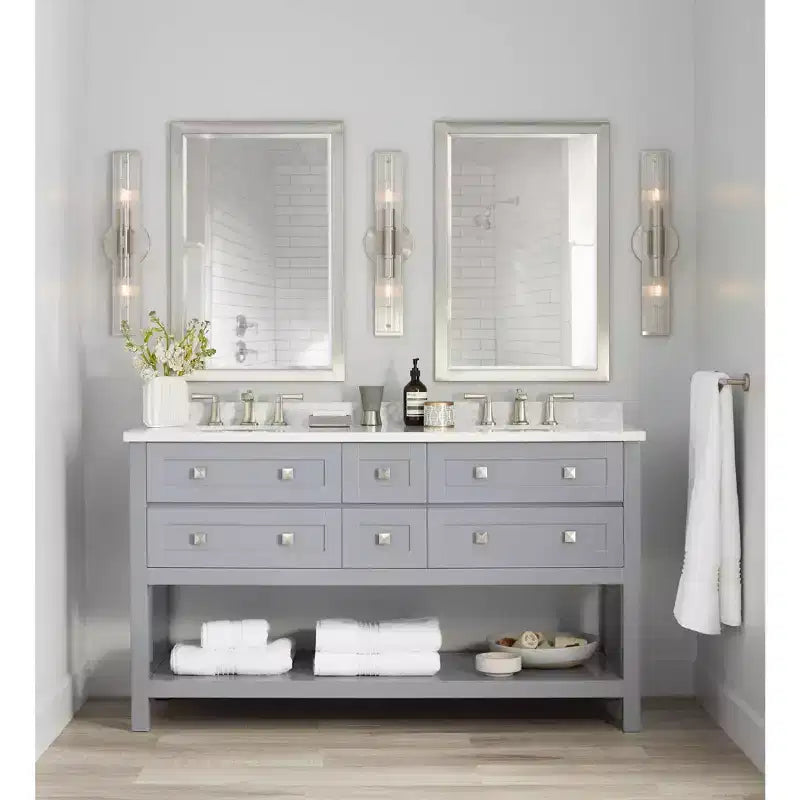 Possini Euro Design Metzeo Miroir mural de courtoisie rectangulaire moderne en verre biseauté, cadre en métal nickel brossé, 84 cm de large, pour salle de bain, chambre à coucher, entrée