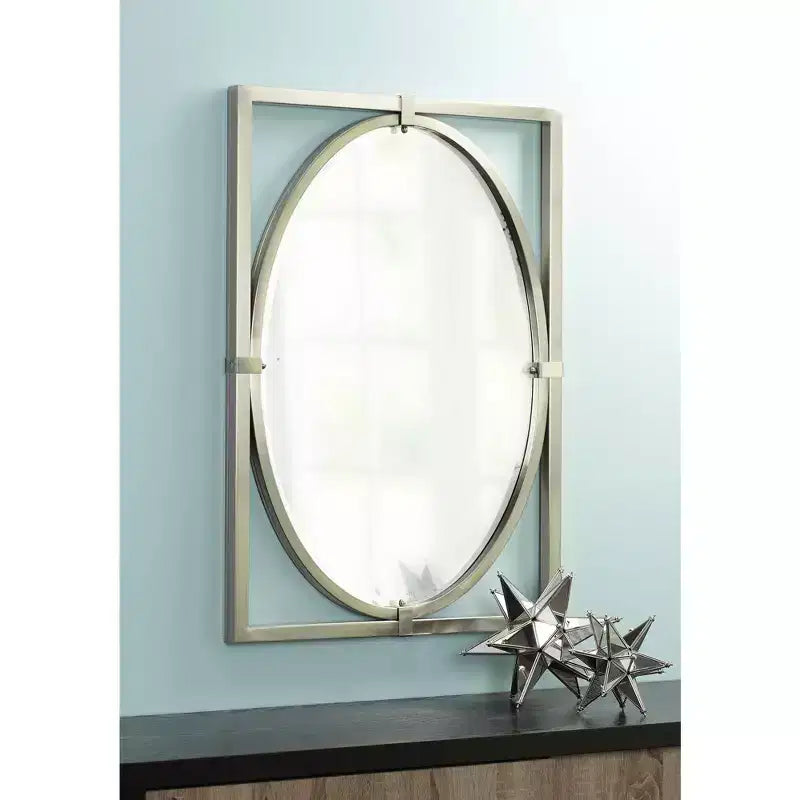 Miroir mural de courtoisie rectangulaire Uttermost Akita, biseauté moderne, cadre en métal nickel brossé, 61 cm de large pour salle de bain, chambre, salon, entrée, bureau