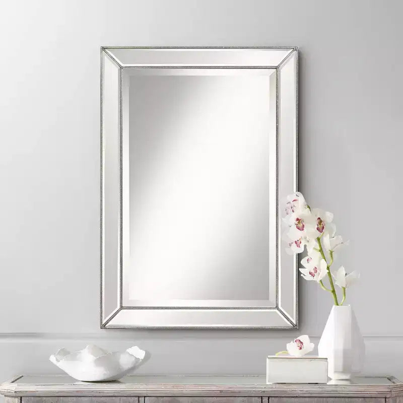 Miroir mural de courtoisie rectangulaire Uttermost Roseau moderne, biseauté, argent, étain, avec cadre perlé, 24 pouces de large, pour salle de bain, chambre, salon, entrée de maison