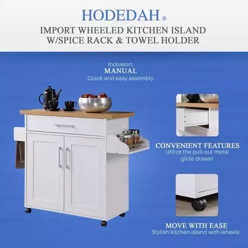 Hodedah Import Îlot de cuisine portable avec roulettes verrouillables, armoire à étagères, tiroir, porte-épices et porte-serviettes, multicolore