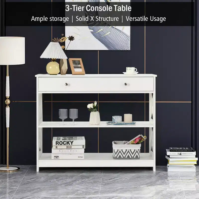 Costway Table Console Tiroirs Étagères Table d'Appoint Canapé Entrée Couloir Noir/Blanc
