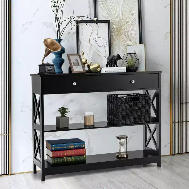 Costway Table Console Tiroirs Étagères Table d'Appoint Canapé Entrée Couloir Noir/Blanc