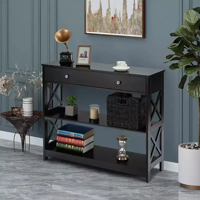 Costway Table Console Tiroirs Étagères Table d'Appoint Canapé Entrée Couloir Noir/Blanc
