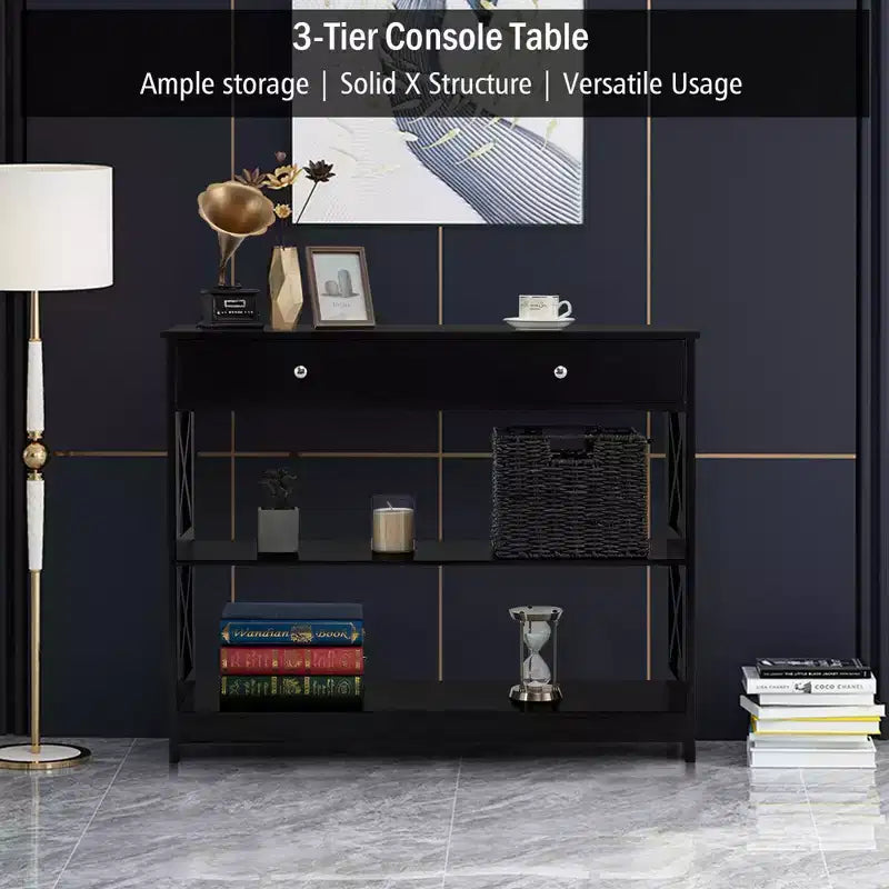 Costway Table Console Tiroirs Étagères Table d'Appoint Canapé Entrée Couloir Noir/Blanc